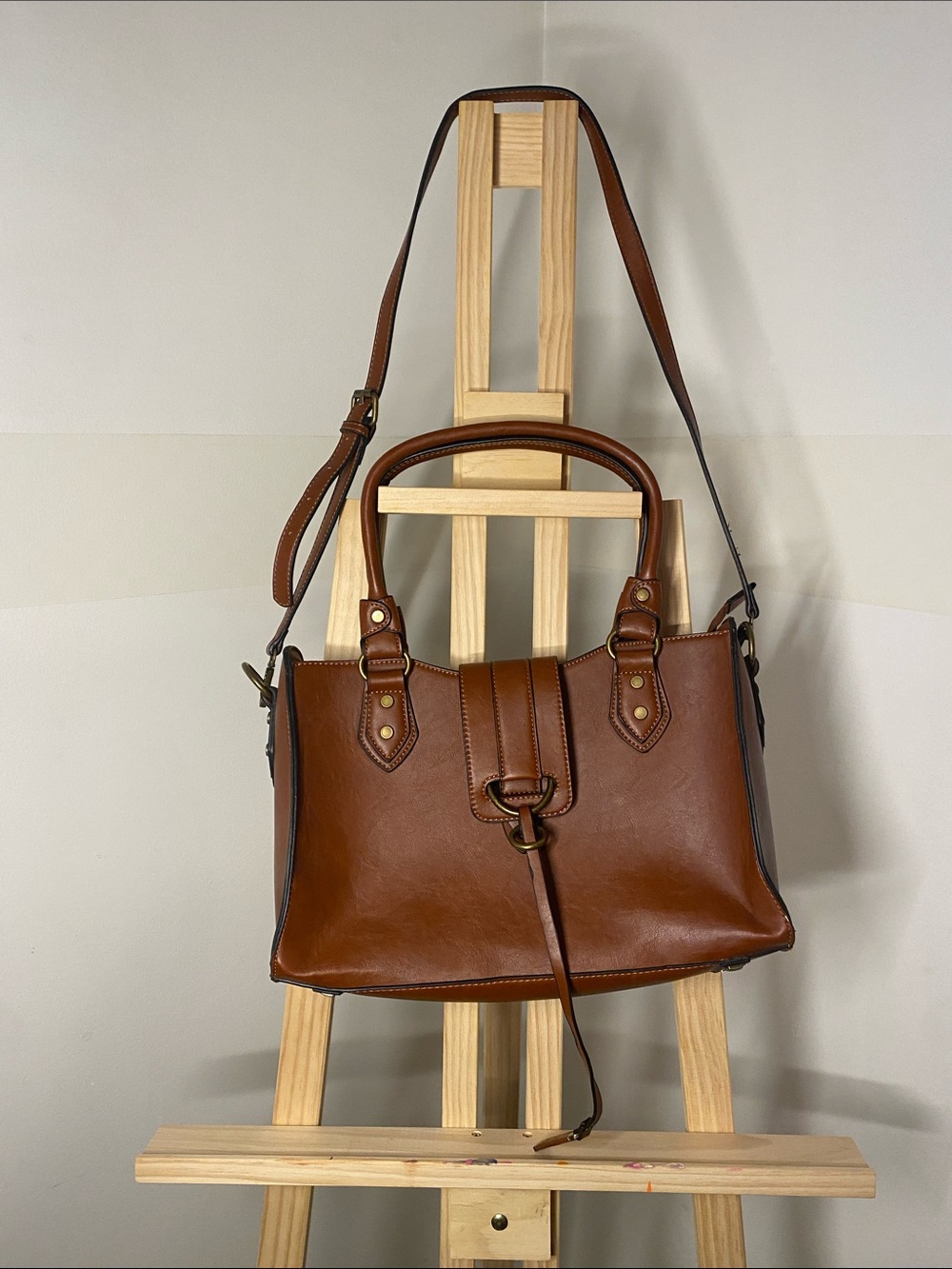 Simply Noelle Cognac Faux Leather Satchel Crossbody Bag